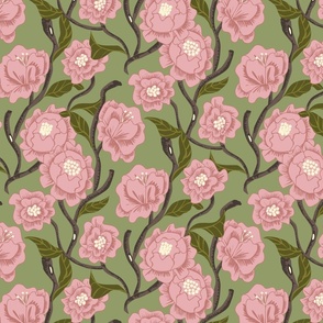 Trailing pink flowers floral on a whimsical green background, stylized trailing floral, green
