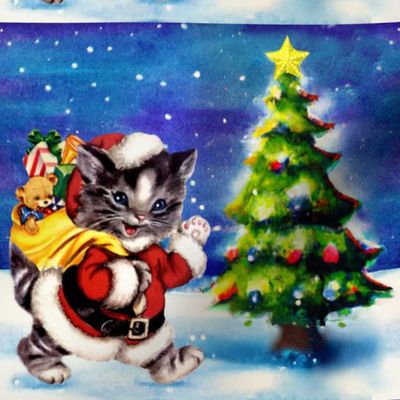 1 grey stripes tabby cat Santa Claus Merry Christmas xmas trees snow winter yellow sack toys gifts presents teddy bears night blue white red green vintage retro kitsch cute star adorable children seamless 