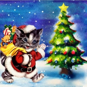 1 grey stripes tabby cat Santa Claus Merry Christmas xmas trees snow winter yellow sack toys gifts presents teddy bears night blue white red green vintage retro kitsch cute star adorable children seamless 