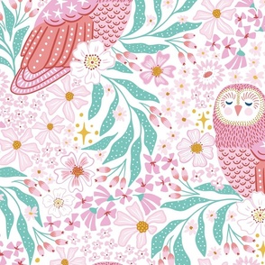 owls and flowers/pink/large