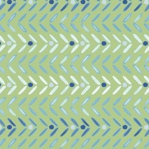 Denim baby blue, celadon green, and white chevron herringbone and circles painted pattern on light artichoke green color background.