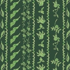 Green ribbon stripes in nature line drawing print with leaves, berries, flowers, vines and scallops. COTY Spanish Moss background paint color