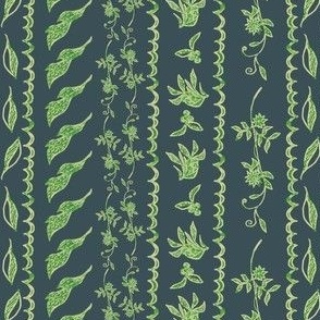 Green ribbon stripes in nature line drawing print with leaves, berries, flowers, vines and scallops. Valspar Everglade Deck background paint color