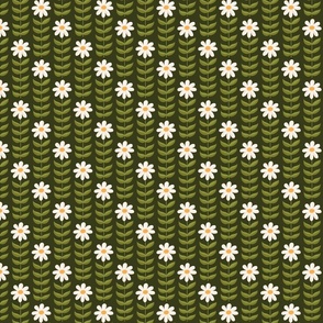 Tall Daisies - Simple Symmetrical Folk Art Daisy with Leaves, Arranged in a Stripe Pattern - Cream on Dark Green - shw1023 b - small scale