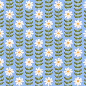 Tall Daisies - Simple Symmetrical Folk Art Daisy with Leaves, Arranged in a Stripe Pattern - Cream on Blue - shw1023 a - medium scale