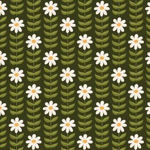 Tall Daisies - Simple Symmetrical Folk Art Daisy with Leaves, Arranged in a Stripe Pattern - Cream on Dark Green - shw1023 b - medium scale