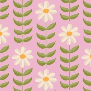 Tall Daisies - Simple Symmetrical Folk Art Daisy with Leaves, Arranged in a Stripe Pattern - Cream on Pastel Pink - shw1023 c - medium scale