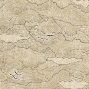 Condor Mountain, Desert Gold (large scale) | Condors, bird fabric, hand drawn landscape with mountains and clouds in neutral sand, birds in vintage gold yellow.