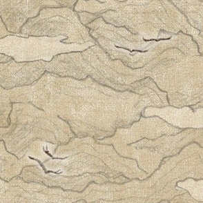 Condor Mountain, Desert Gold (xl scale) | Condors, bird fabric, hand drawn landscape with mountains and clouds in neutral sand, birds in vintage gold yellow.