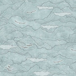 Condor Mountain, Sea Mist | Condors, bird fabric, hand drawn landscape with mountains and clouds in pale teal, flying birds on fresh blue green.