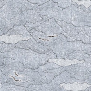 Condor Mountain, Storm Gray (large scale)  | Condors, bird fabric, hand drawn landscape with mountains and clouds in calm neutral grey, flying birds on warm blue gray.