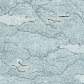 Condor Mountain, Sea Mist (xl scale)  | Condors, bird fabric, hand drawn landscape with mountains and clouds in pale teal, flying birds on fresh blue green.