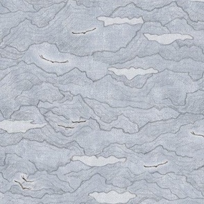 Condor Mountain, Storm Gray | Condors, bird fabric, hand drawn landscape with mountains and clouds in calm neutral grey, flying birds on warm blue gray.
