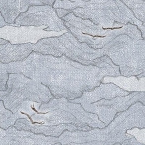 Condor Mountain, Storm Gray (xl scale)  | Condors, bird fabric, hand drawn landscape with mountains and clouds in calm neutral grey, flying birds on warm blue gray.