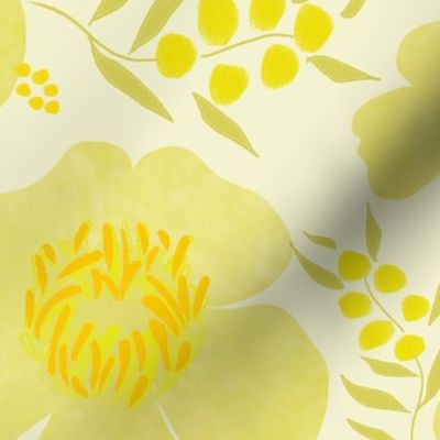 Yellow daisies and large scale buttercups on creamy yellow background