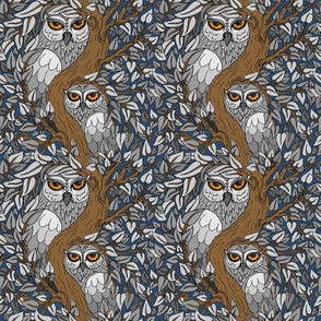 Guardians - Birds of Prey Wallpaper - Whimsical Woodland - Owls- Blue bg