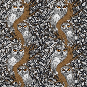 Guardians - Birds of Prey Wallpaper - Owls - Whimsical Woodland - Grey bg