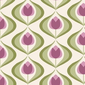 Tulip Ogee - Simple Symmetrical Folk Art Tulips with Leaves, Arranged in Graceful Curves - Mauve Pink on Cream - shw1024 b - medium  scale