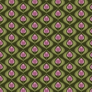 Tulip Ogee - Simple Symmetrical Folk Art Tulips with Leaves, Arranged in Graceful Curves - Mauve Pink on Dark Green - shw1024 a - small scale