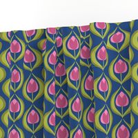 Tulip Ogee - Simple Symmetrical Folk Art Tulips with Leaves, Arranged in Graceful Curves - Bright Pink on Blue - shw1024 c - medium scale