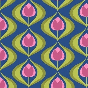 Tulip Ogee - Simple Symmetrical Folk Art Tulips with Leaves, Arranged in Graceful Curves - Bright Pink on Blue - shw1024 c - medium scale