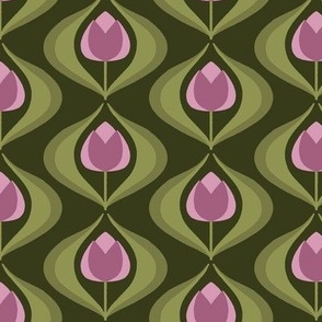 Tulip Ogee - Simple Symmetrical Folk Art Tulips with Leaves, Arranged in Graceful Curves - Mauve Pink on Dark Green - shw1024 a - medium scale