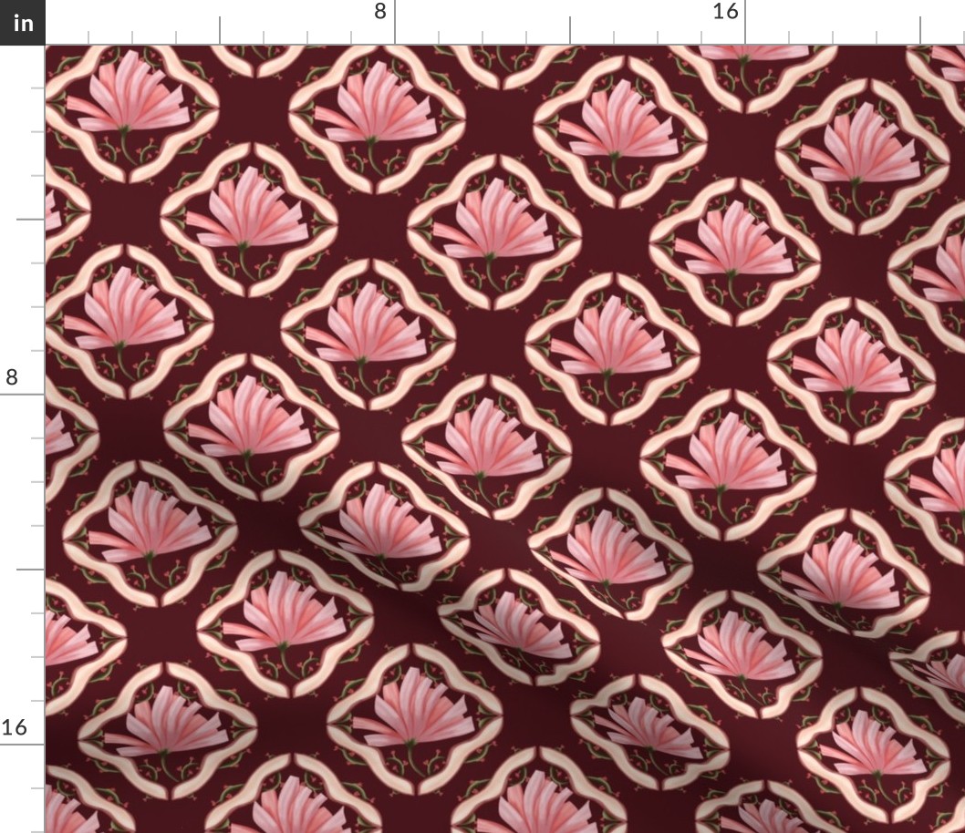 whimsical palm flower diamond pattern, crimson red