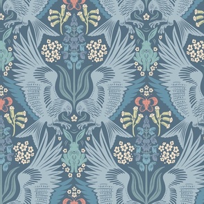 Red Kites Damask - Sky Blue