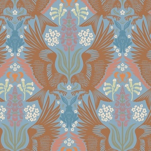 Red Kites Damask-Brown on Blue