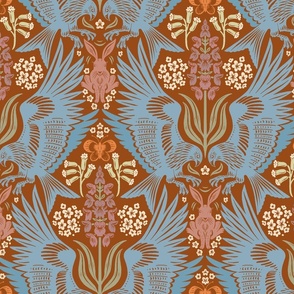 Red Kites Damask - Blue on Brown