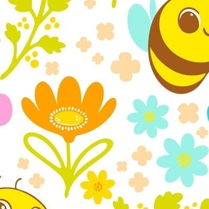 Bee Happy Pattern - White Background - Large Scale