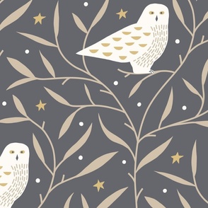 Woodland Snowy Owls in Charcoal Grey Wallpaper - XL Scale
