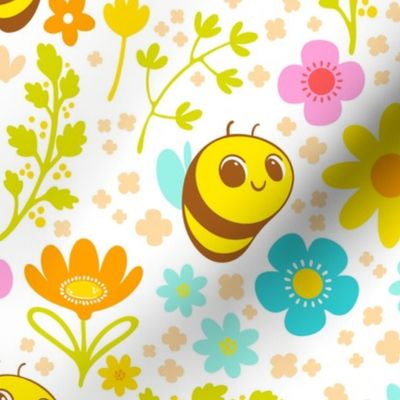 Bee Happy Pattern - White Background - Medium Scale