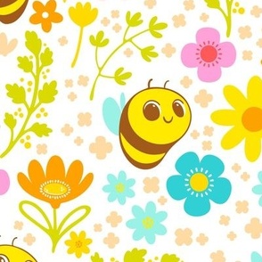 Bee Happy Pattern - White Background - Medium Scale