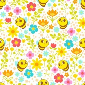 Bee Happy Pattern - White Background - Smaller Scale