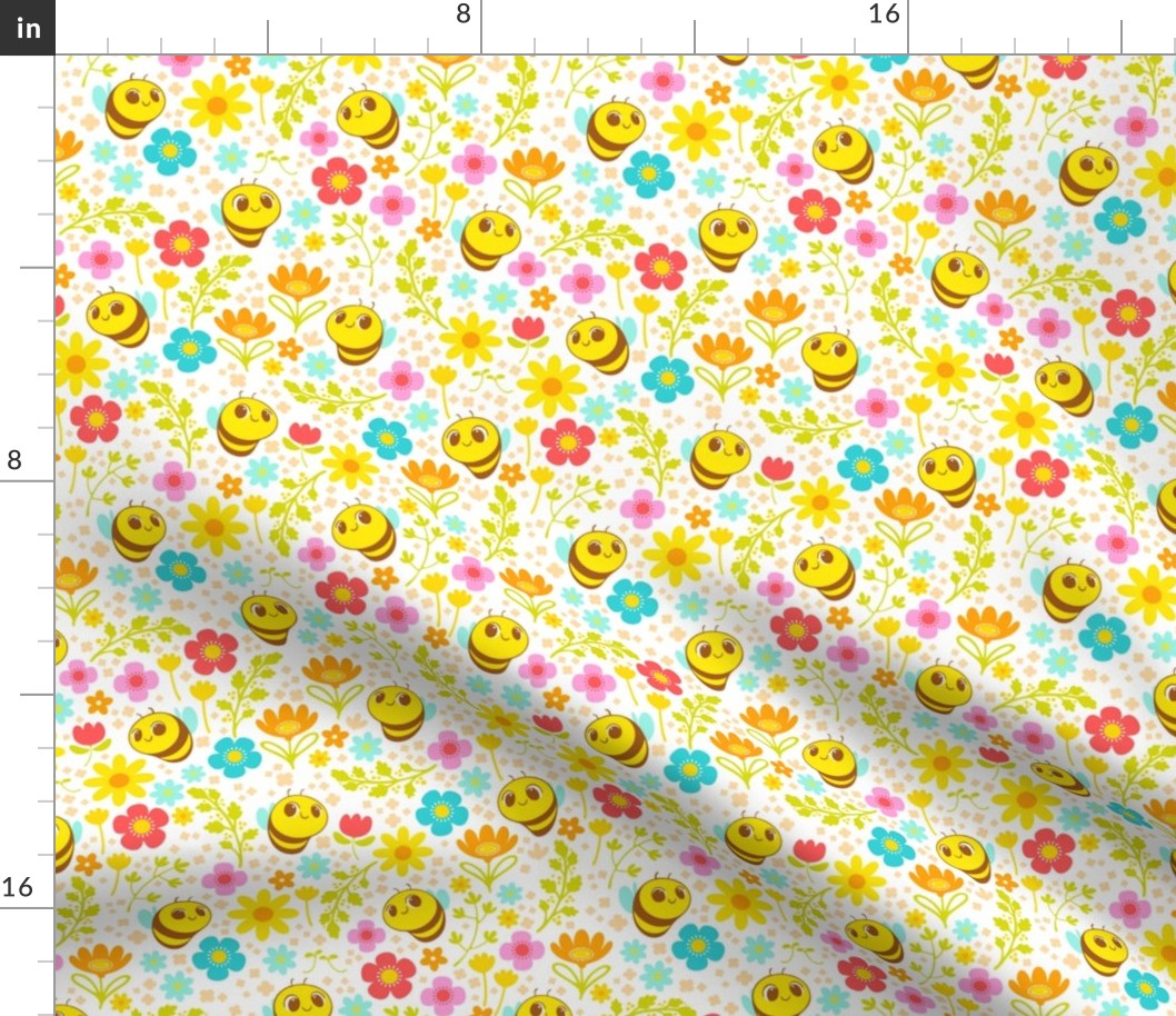 Bee Happy Pattern - White Background - Smaller Scale