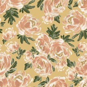 Small - Amelia Watercolor Painted Peach Peonies - Art Nouveau Florals - Mustard Yellow, Turmeric, Blush, Beige, Green