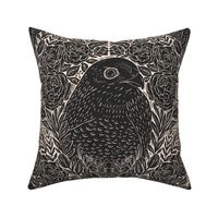 Floral Hawk Woodcut - flat - charcoal black and cream - large