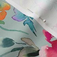 Artistic Poppies watercolor - Multicolor Mint green - Medium - Flower garden cottage