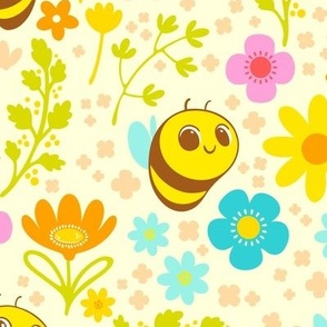 Bee Happy Pattern - Yellow Background - Medium Scale