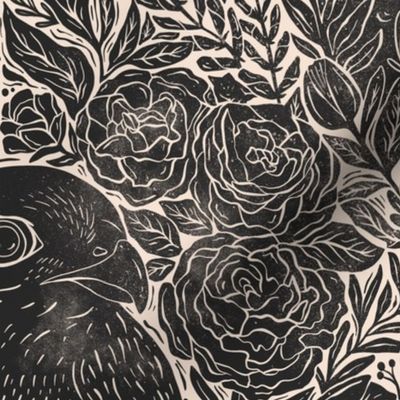 Floral Hawk Woodcut - textured - charcoal black and cream - large