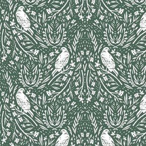 Birds of Prey for Wallpaper & Fabric in Forest Green & White