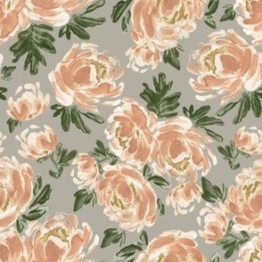 Small - Amelia Watercolor Painted Peach Peonies - Art Nouveau Florals - Grey, Stone, Blush, Beige, Green