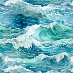 Ocean Waves - Blue Watercolor Surf