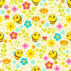 Bee Happy Pattern - Yellow Background - Smaller Scale