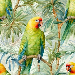 Tropical Parrots Birds Jungle Palm Leaves