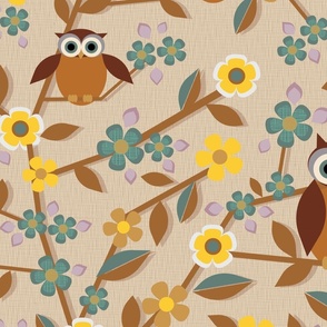 Retro 70s Mama Owl with Fledglings for Wallpaper