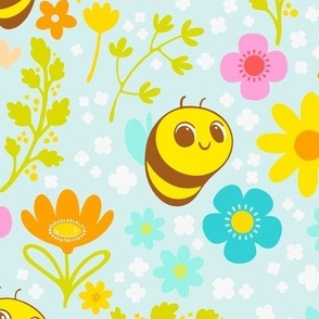 Bee Happy Pattern - Blue Background - Medium Scale