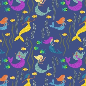 Colorful Mermaids and Tropical Fish with Seaweed - Fright Fuchsia, Yellow and Blue - shw1045 medium scale