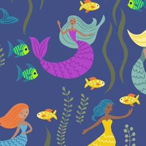 Colorful Mermaids and Tropical Fish with Seaweed - Fright Fuchsia, Yellow and Blue - shw1045 large scale